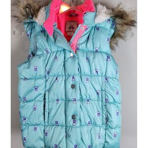 Double Deer Kids Girls Puffer Vest Aqua Owl Print Faux Fur Hood Size M 7/8